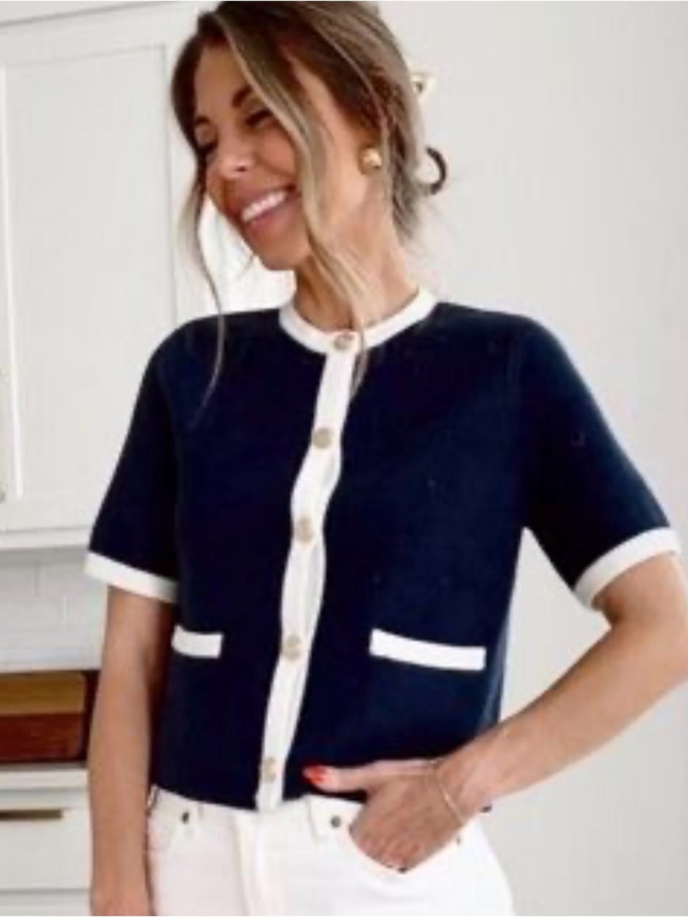 Abercrombie & Fitch Navy Ivory Contrast Trim Short Sleeve Cardigan Small